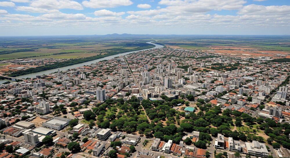 Imagem aérea de uma cidade com construção de edifícios, muitos parques verdes e um rio que corta a área urbana, em um dia de céu parcialmente nublado.